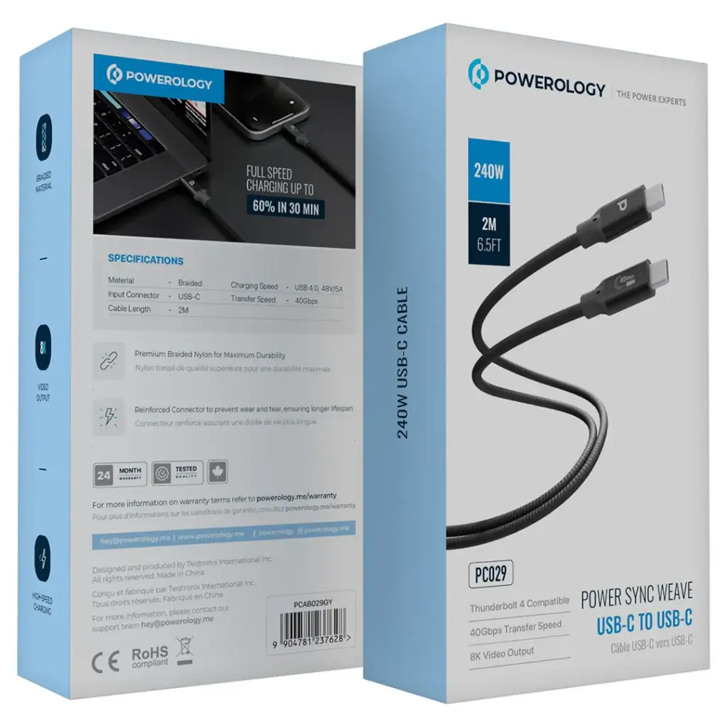 Powerology Power Sync Weave 240W USB-C to USB-C 2m Cable - Gray