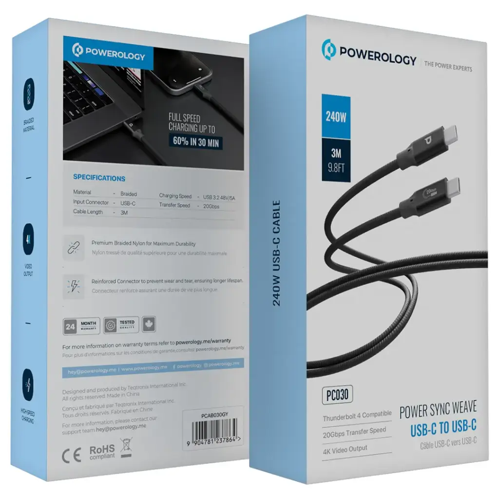 Powerology Power Sync Weave 240W USB-C to USB-C 3m Cable - Gray
