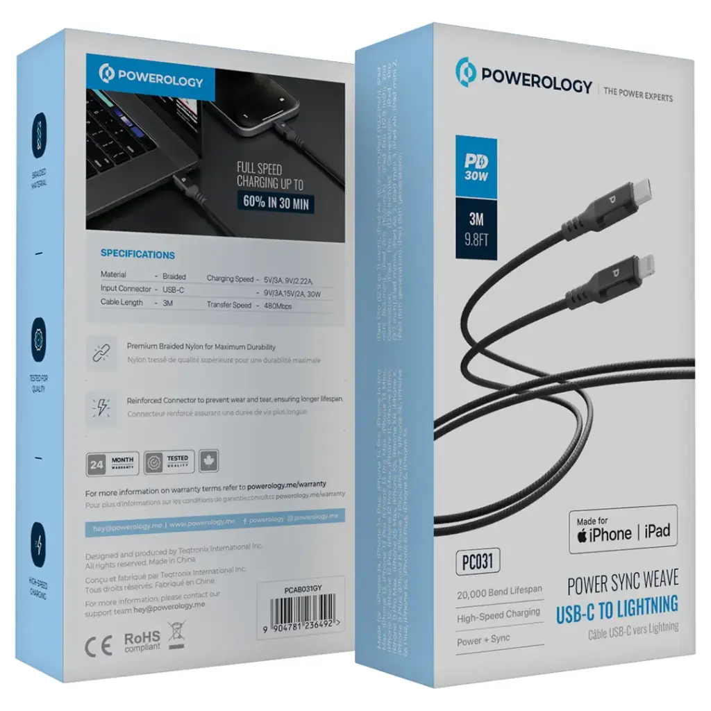 Powerology Power Sync Weave PD 30W USB-C to Lightning 3m Cable - Gray