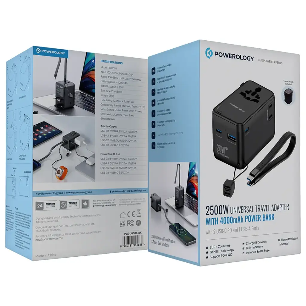Powerology 2500W Universal Travel Adapter with 4000mAh Power Bank - Black