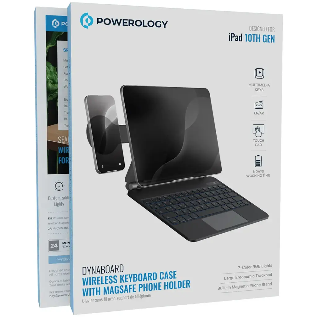 Powerology DynaBoard Wireless Keyboard Case with MagSafe Phone Holder for iPad 10th Gen - Black