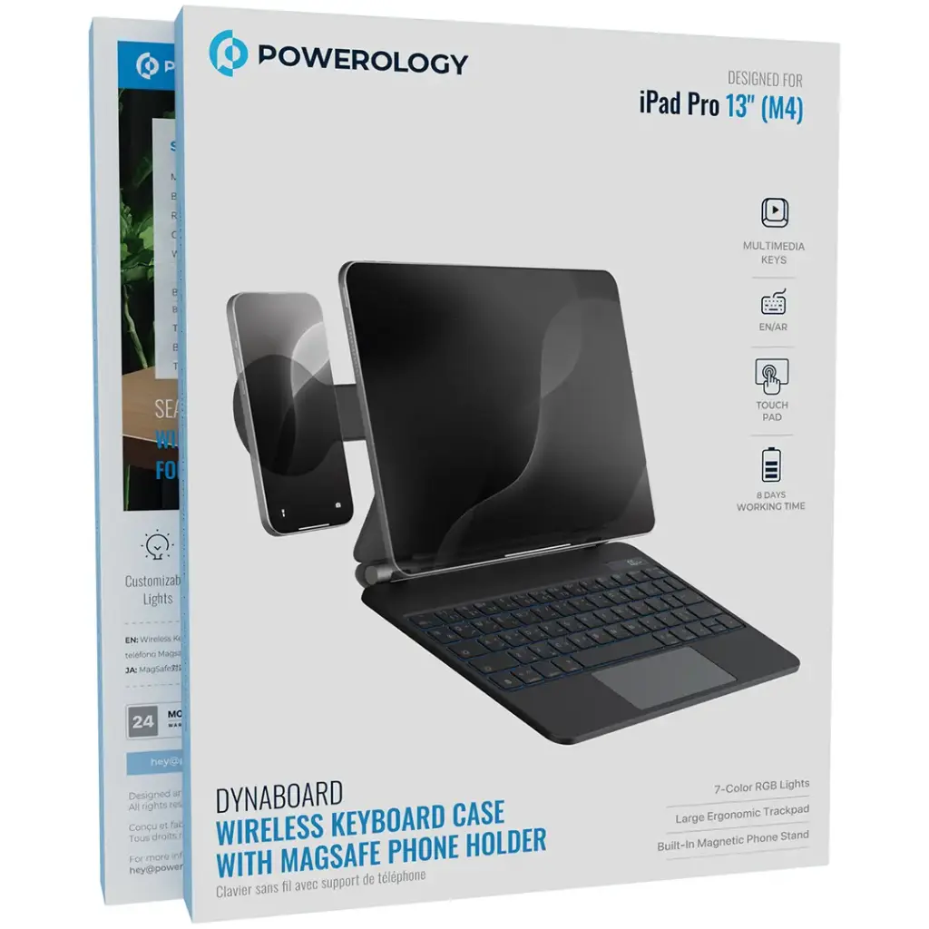 Powerology DynaBoard Wireless Keyboard Case With MagSafe Phone Holder for iPad 13"(M4) - Black
