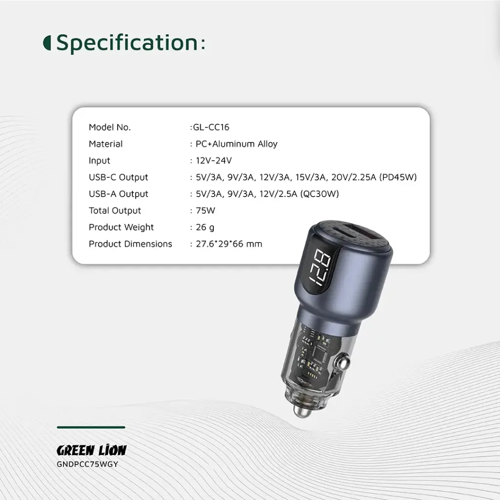 Green Lion Dual Port Car Charger PD+QC 75W - Gray (7).webp