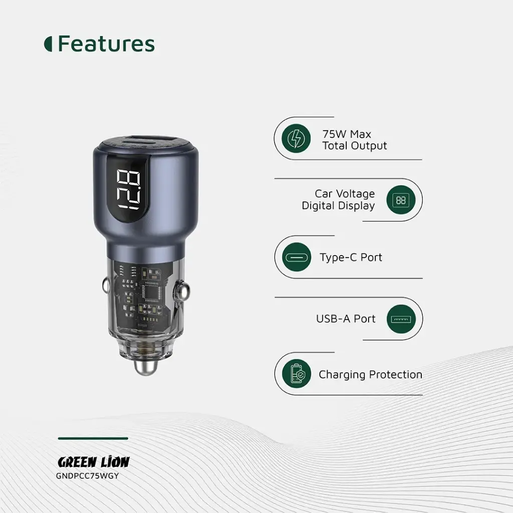 Green Lion Dual Port Car Charger PD+QC 75W - Gray (6).webp