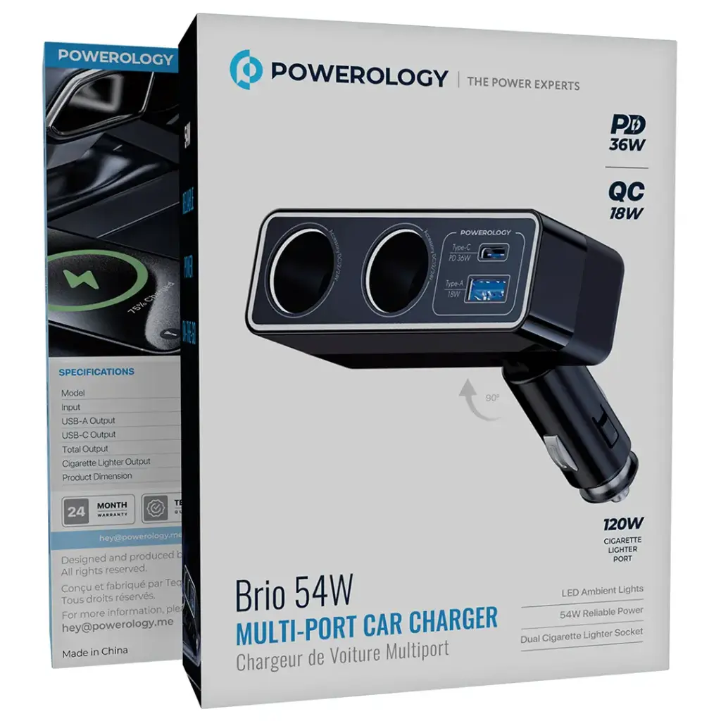 Powerology Brio 54W Multi-Port Car Charger - Black.webp