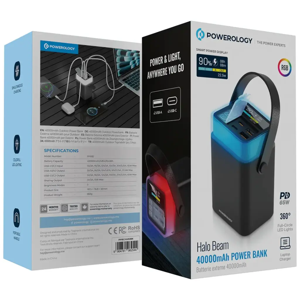 Powerology Halo Beam 40000mAh Power Bank PD 65W - Black.webp
