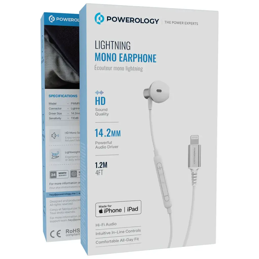 Powerology Lightning Mono Earphone for iPhone and iPad - White4.webp