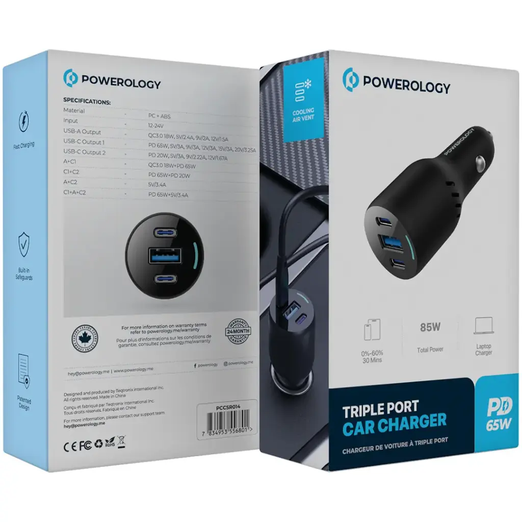 Powerology PD65W + PD20W + QC18W LED Triple Ports Car Charger - Black.webp