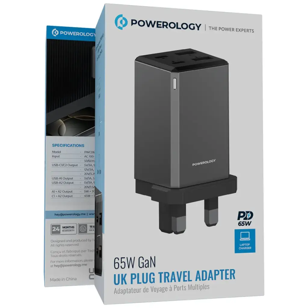 Powerology 65W GaN UK Plug Travel Adapter - Grey3.webp