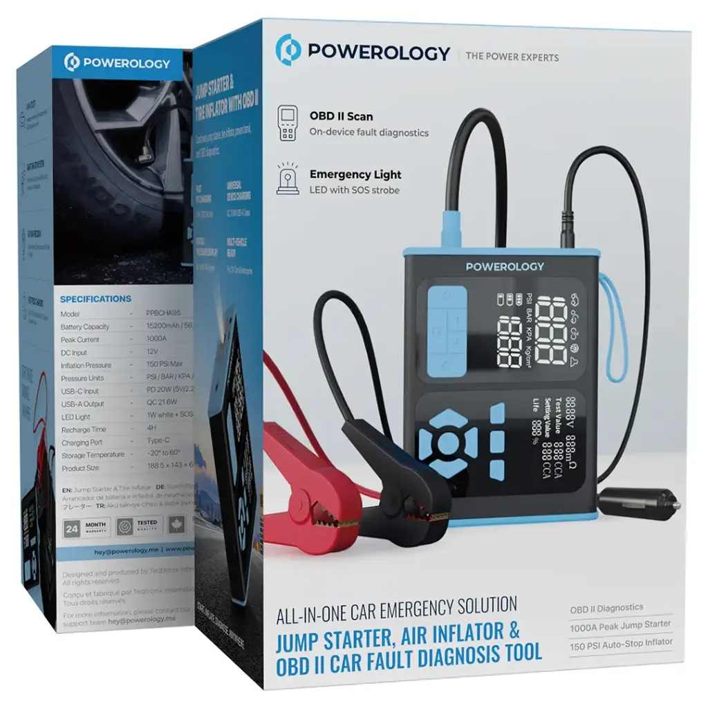 Powerology Jump Starter, Air Inflator & OBD II Car Fault Diagnosis Tool .webp
