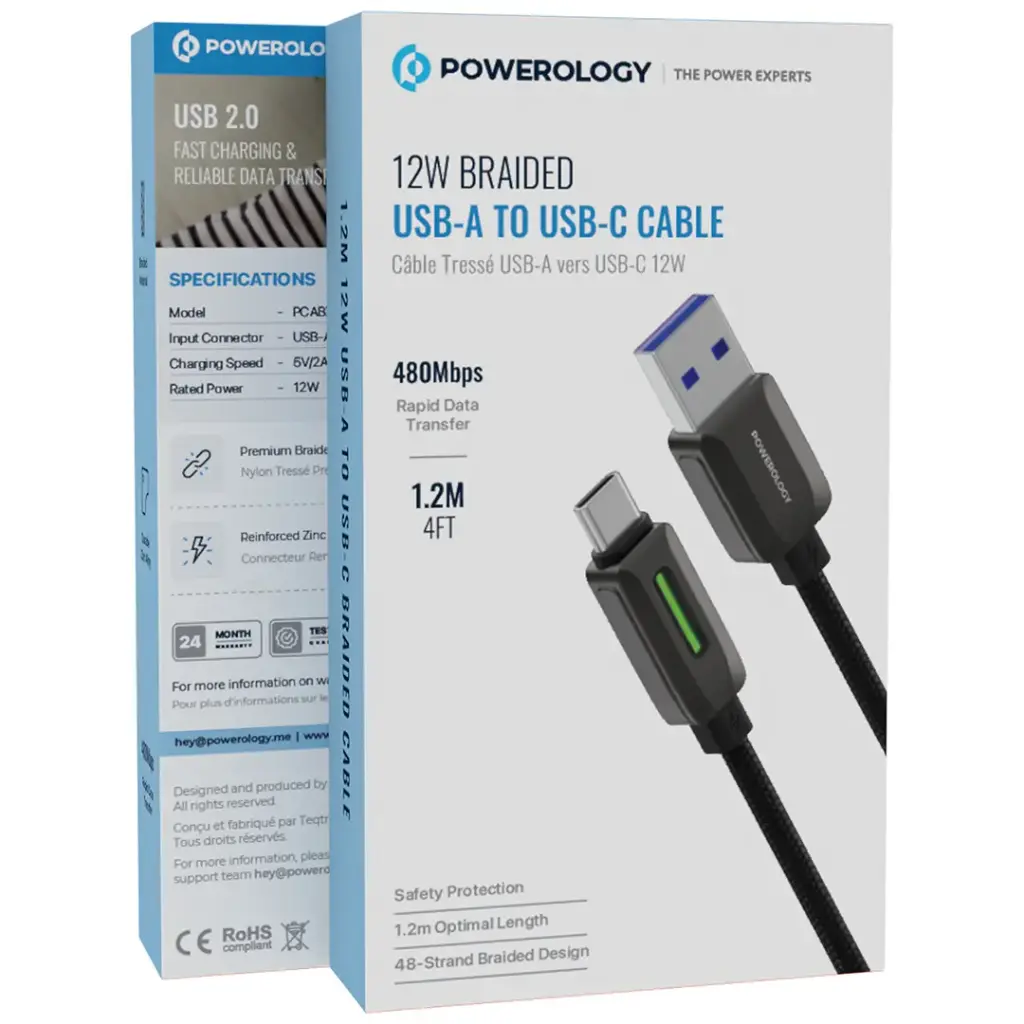 Powerology 12W Braided USB-A to USB-C Cable - Black.webp