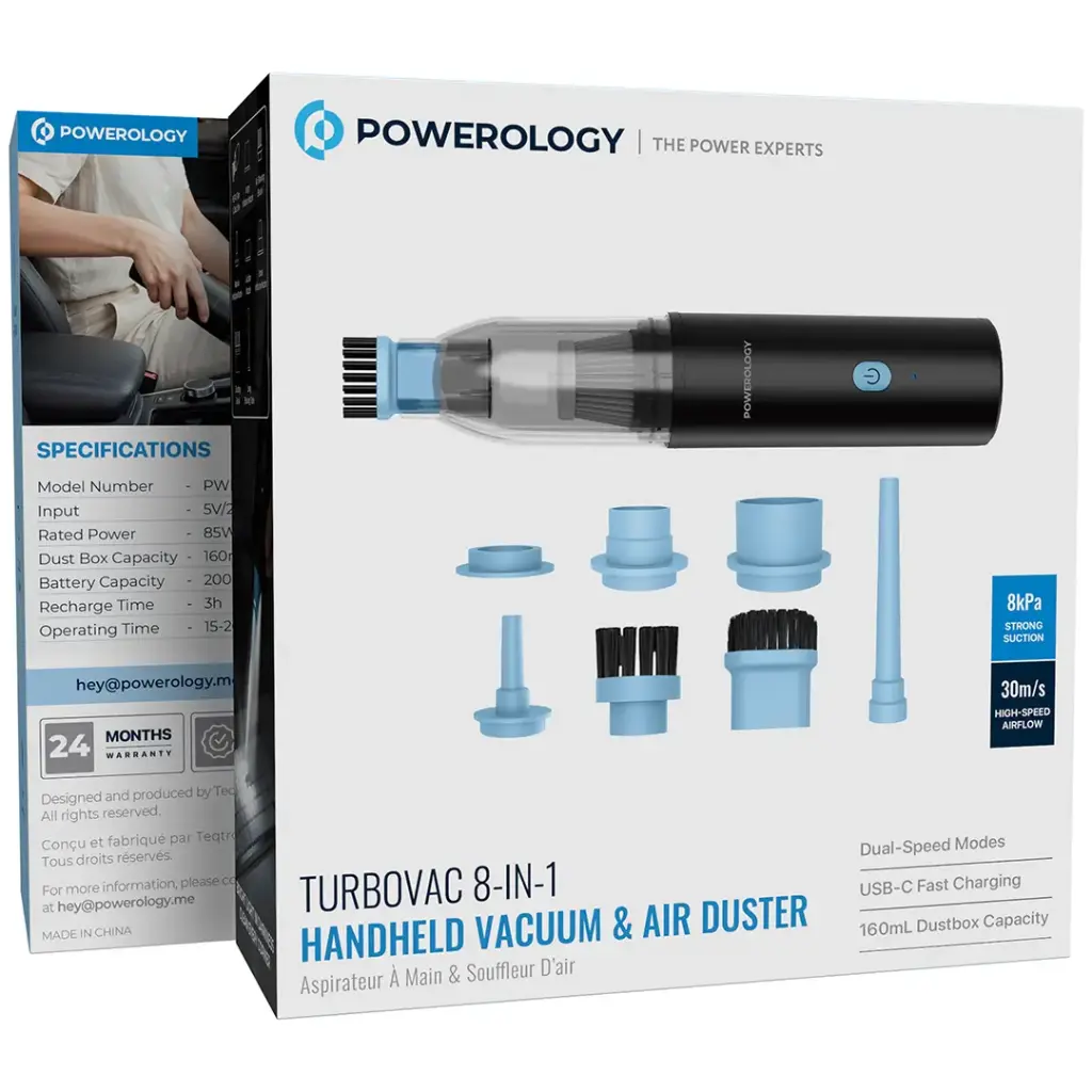 Powerology Turbovac 8-In-1 Handheld Vacuum & Air Duster - Black.webp