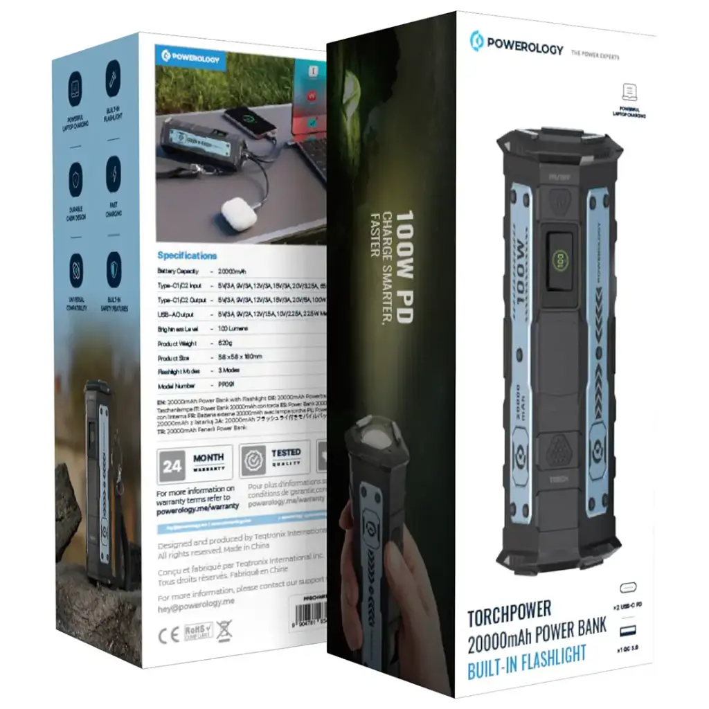 Powerology TorchPower 20000mAh Power Bank with Built-In Flashlight - Black .webp