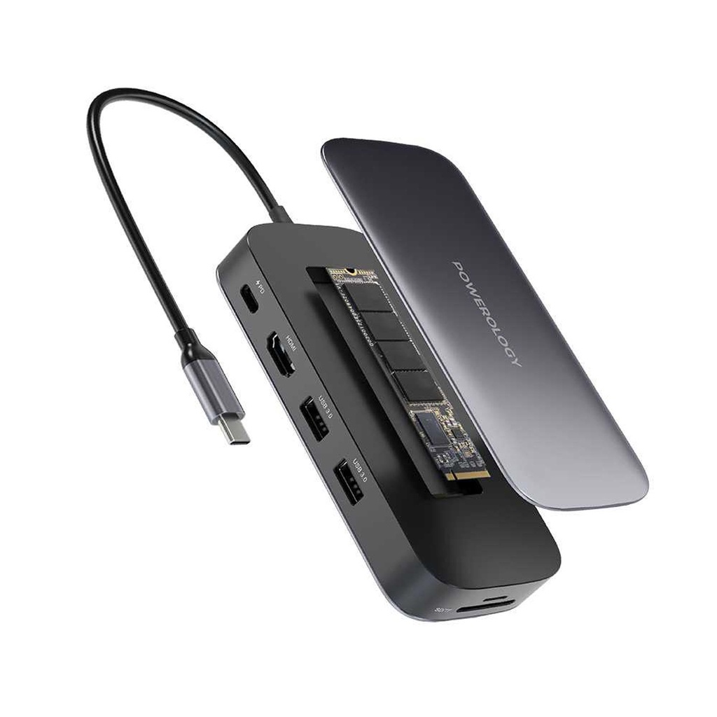 Powerology USB-C Hub & 256GB SSD Drive 100W PD - Gray