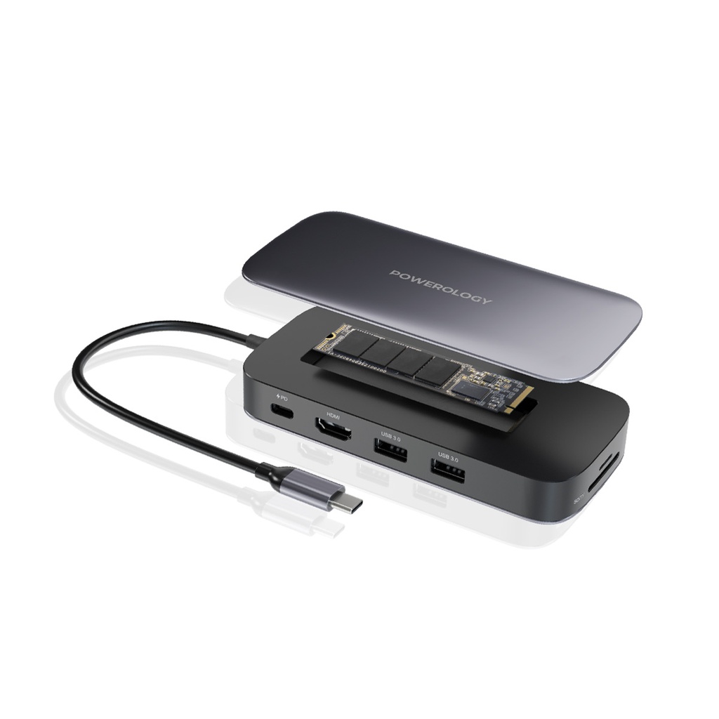 Powerology 512GB USB-C Hub & SSD Drive All-in-one Connectivity & Storage PD 100W - Gray