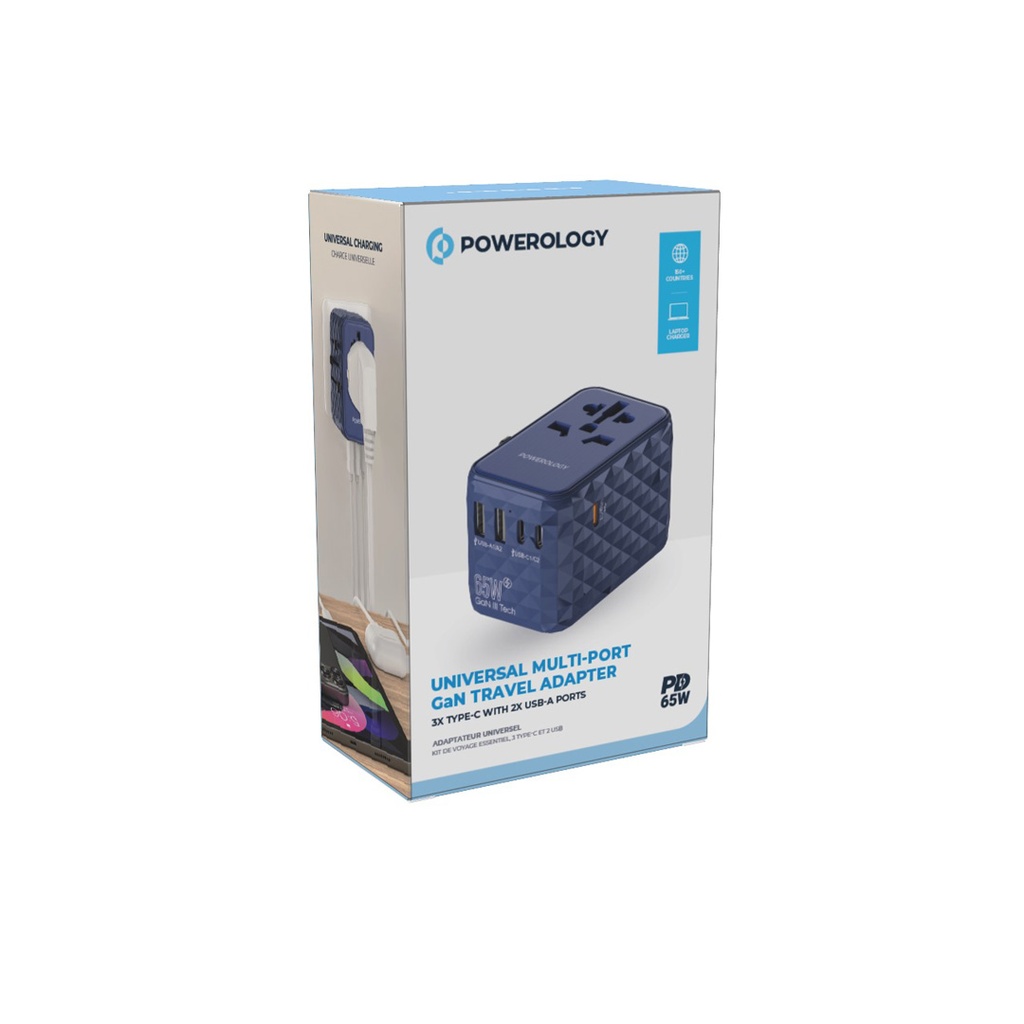 Powerology Universal Multi-Port Travel Adapter PD 65W ( 3X Type-C / 2X USB-A Ports )