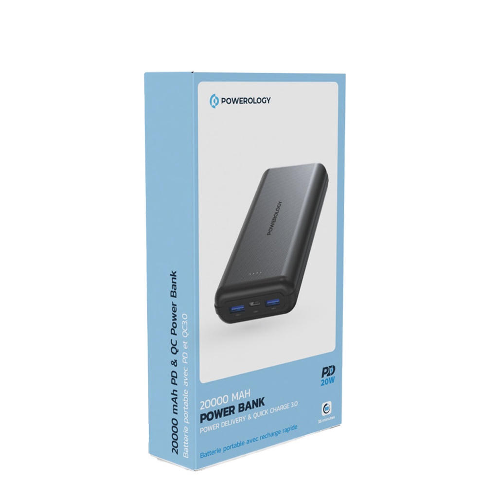 Powerology 20000 mAh PD20w QC 18W 2USB-A 1USB-C Port Power Bank - Black