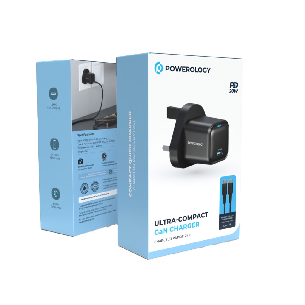 Powerology 20W Single C Port PD Charger UK with Type C to C 60W cable - Black	