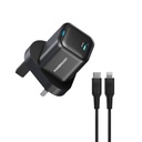 Powerology 20W Single C Port PD Charger UK with Type C to Lightining MFI 27W cable - Black	