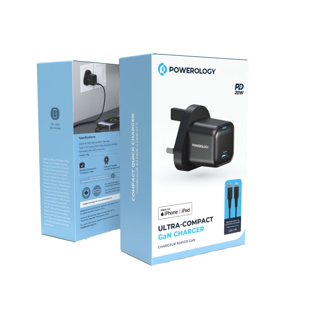 Powerology 20W Single C Port PD Charger UK with Type C to Lightining MFI 27W cable - Black	
