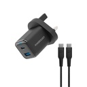 Powerology 35W PD QC 1xUSB-C 35W and 1xUSB-A 18W GaN Charger UK -with Type C to C 60W -Black