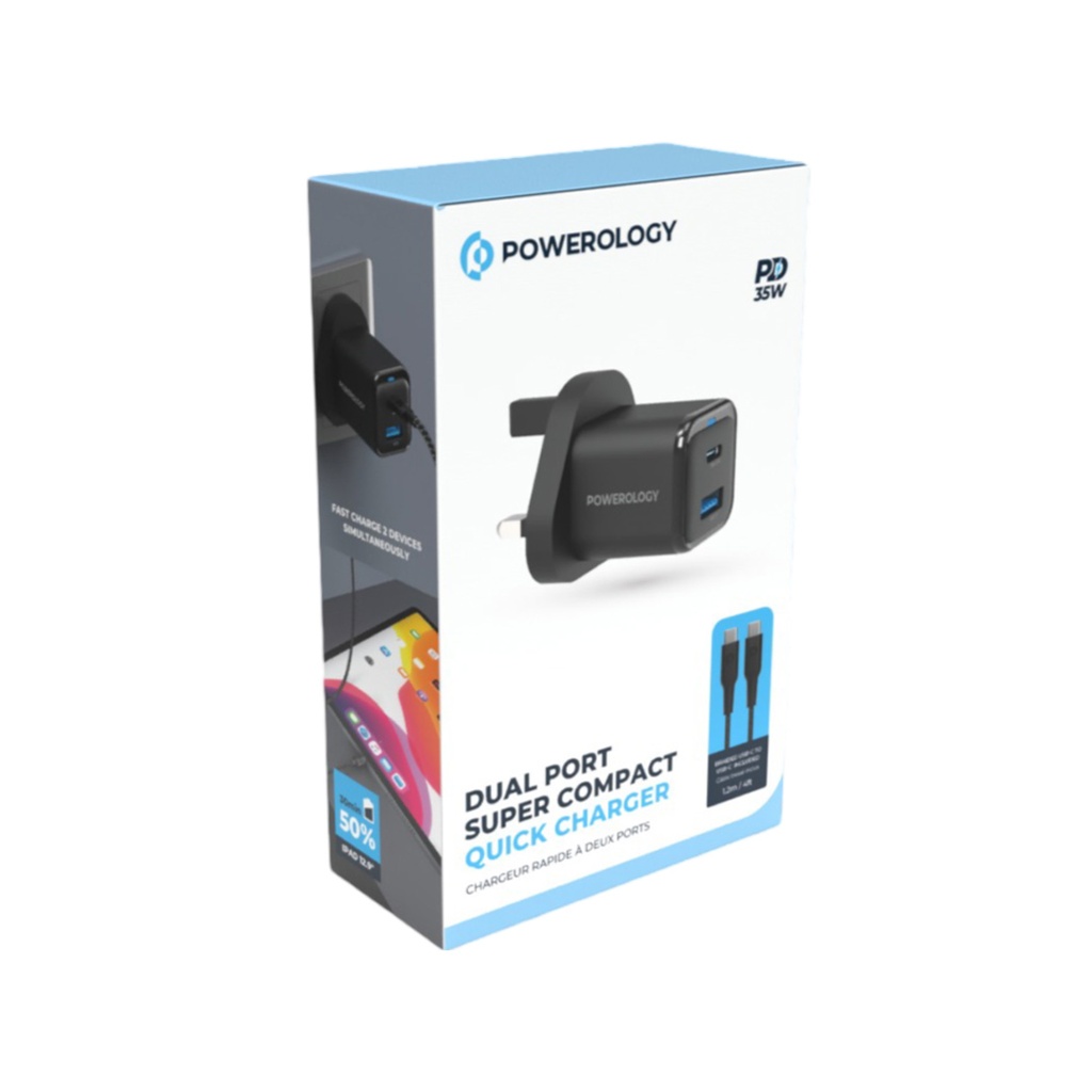 Powerology 35W PD QC 1xUSB-C 35W and 1xUSB-A 18W GaN Charger UK -with Type C to C 60W -Black	