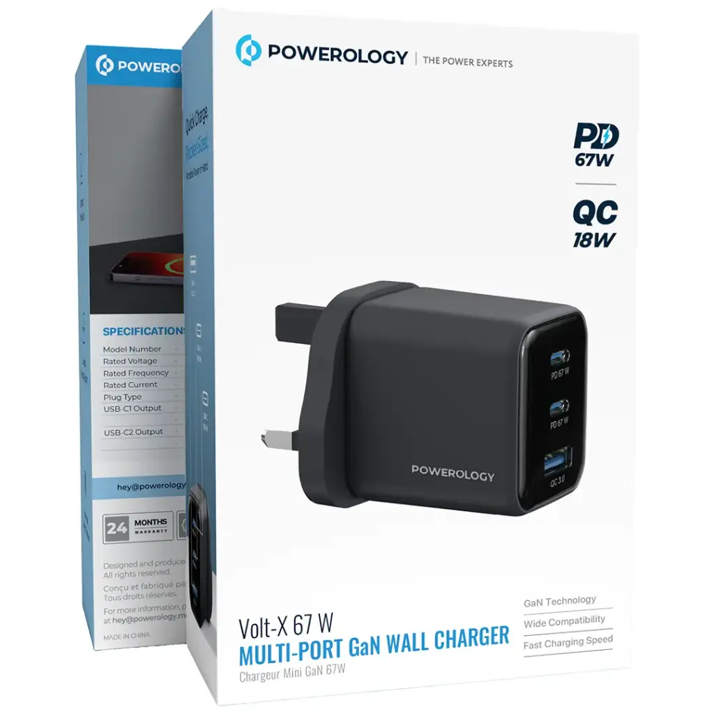 Powerology Volt-X 67W Multi-Port Gan Wall Charger - Black.webp