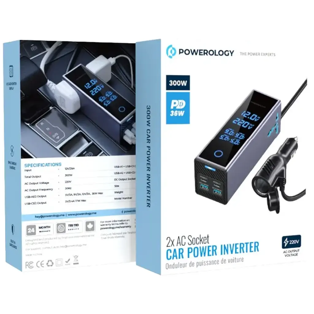 Powerology 2×AC Socket Car Power Inverter - Gray.webp