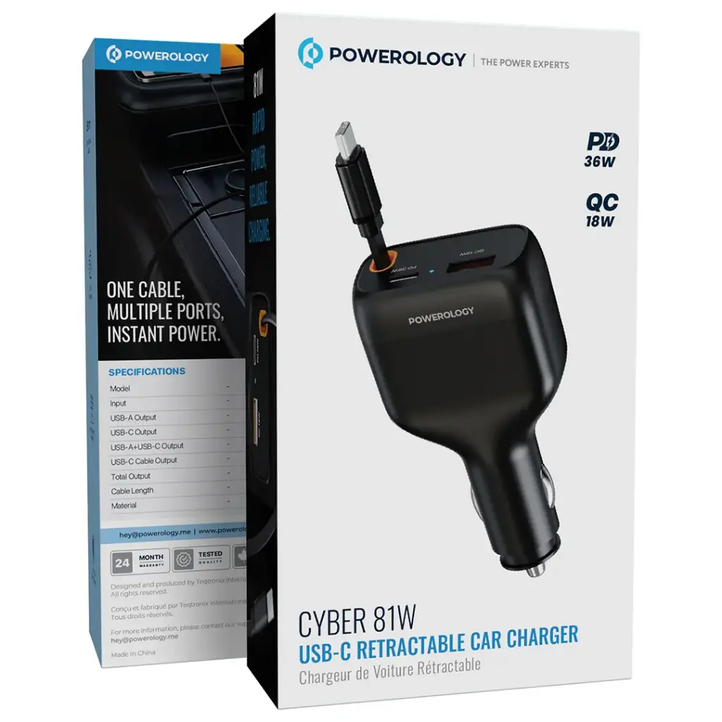 Powerology Cyber 81W USB-C Retractable Car Charger - Black4.webp