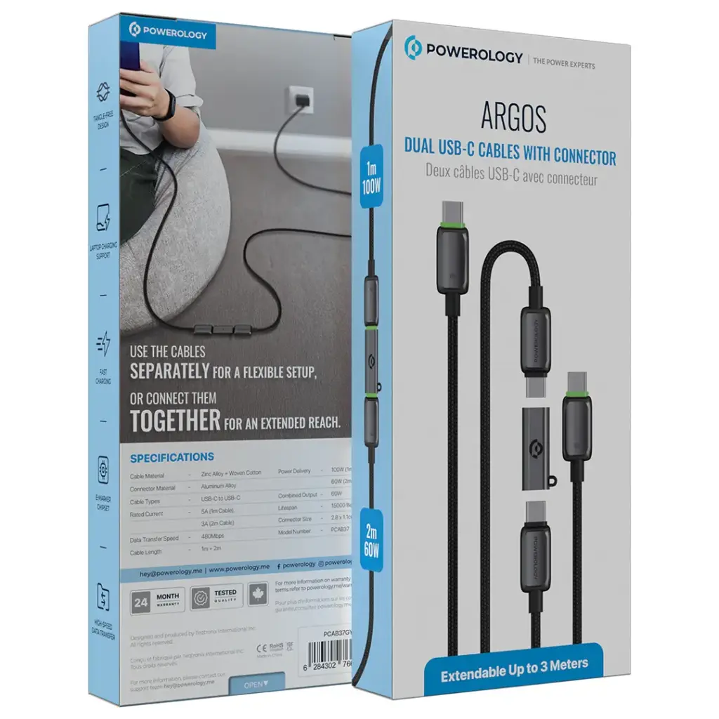 Powerology Argos Dual USB-C Cables with Connector - Grey5.webp