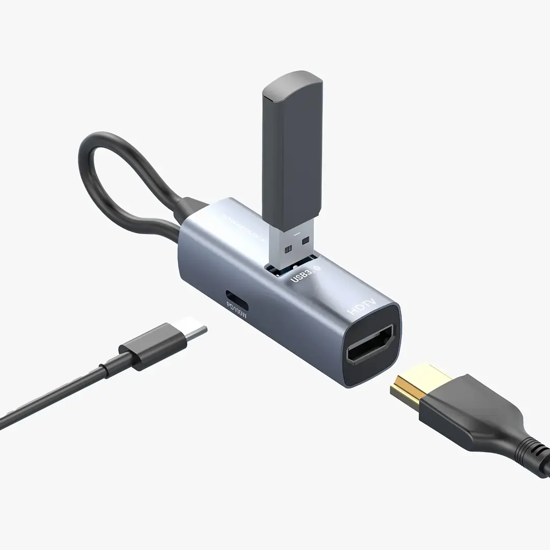 Powerology Aluminum Mini USB-C Hub with 4K HDMI & PD 100W - Black