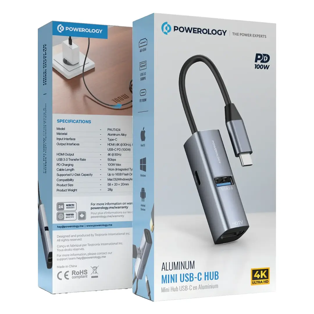 Powerology Aluminum Mini USB-C Hub with 4K HDMI & PD 100W - Black