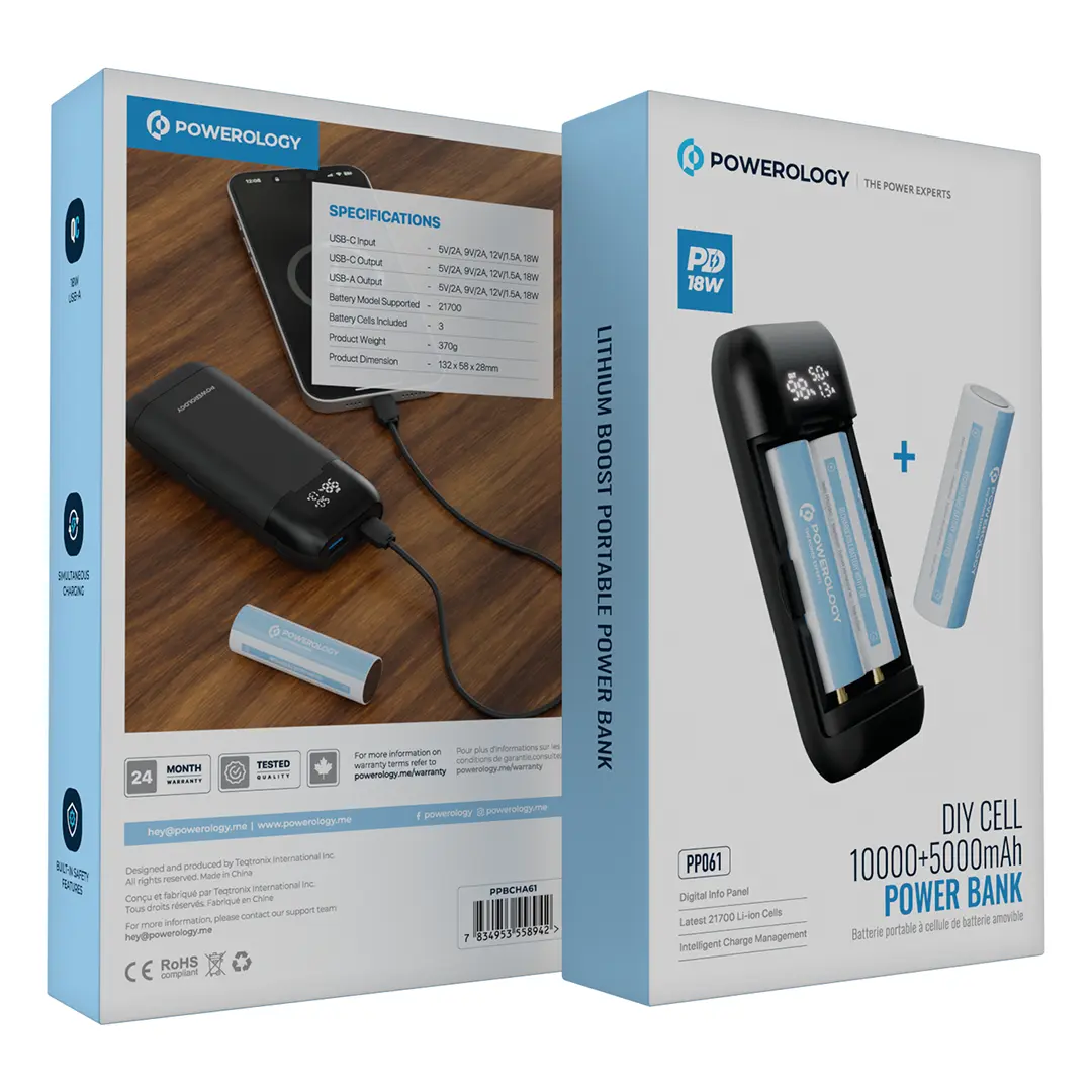 Powerology DIY Cell 10000+5000mAh Power Bank with Digital Display