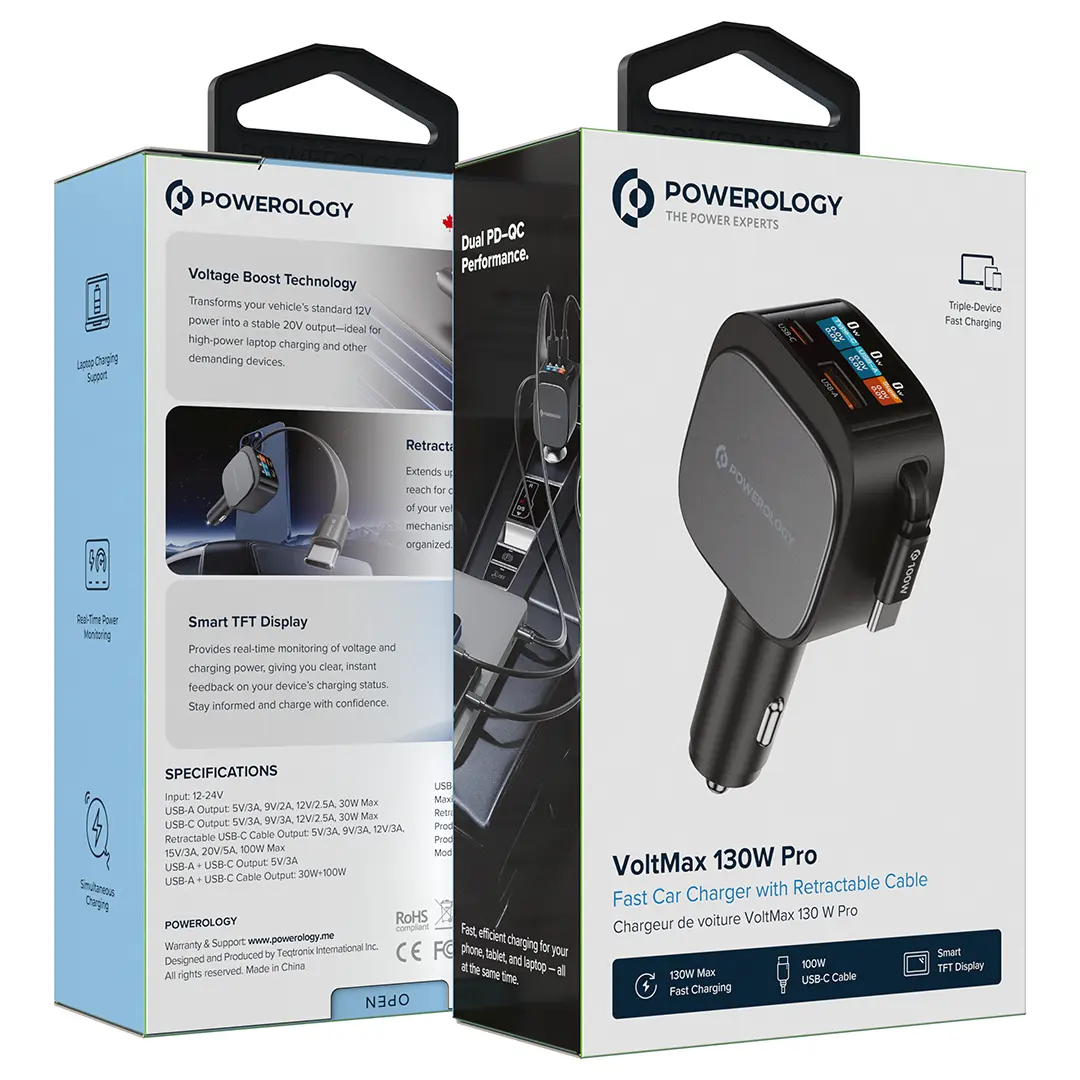 Powerology VoltMax 130W Pro Fast Car Charger with Retractable Cable