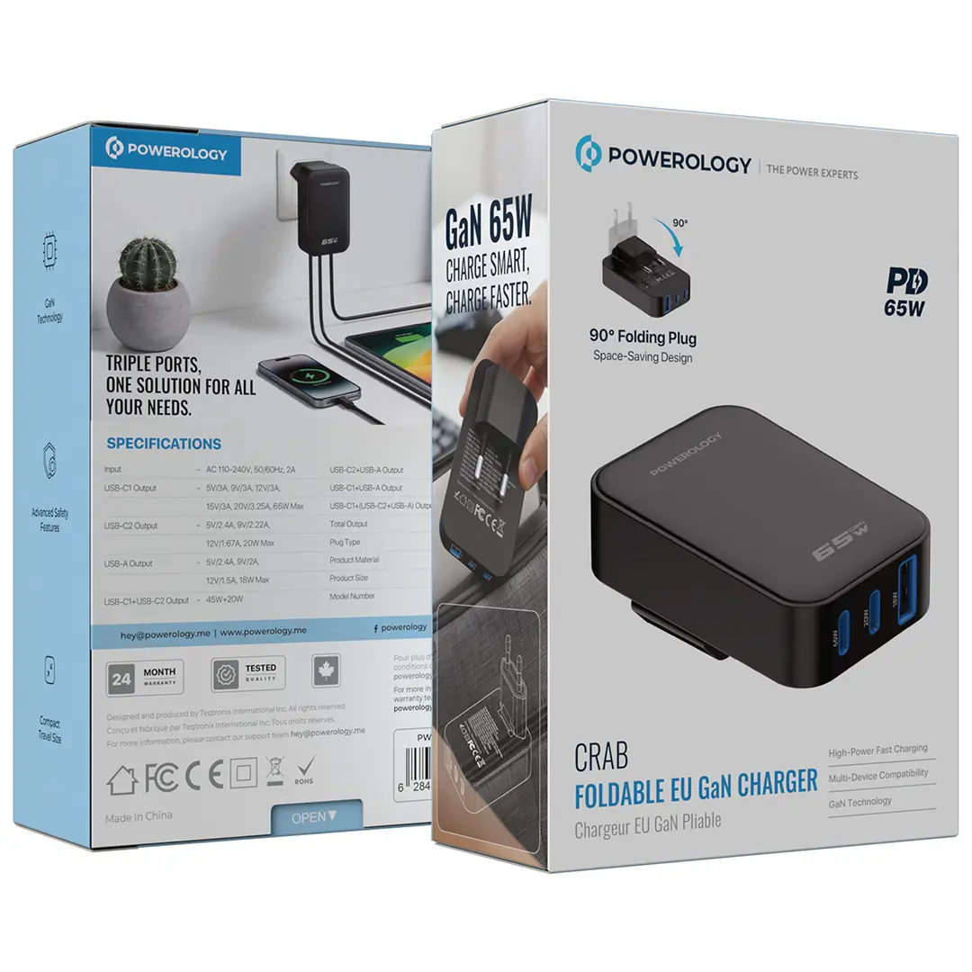 Powerology Crab 65W 2C1A PD GaN Charger with Foldable EU Plug - Black