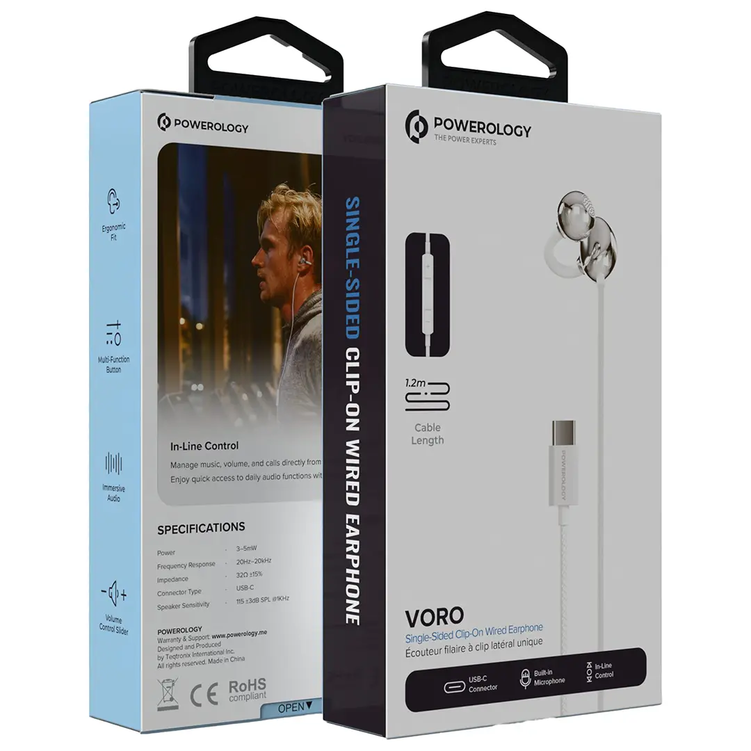 Powerology Voro Single-Sided Clip-On Wired Earphone (PWSCWES12WH)