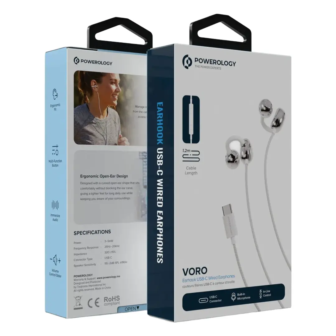Powerology Clip-On Wired Earphones (USB-C, Earhook) (PWCWES12WH)