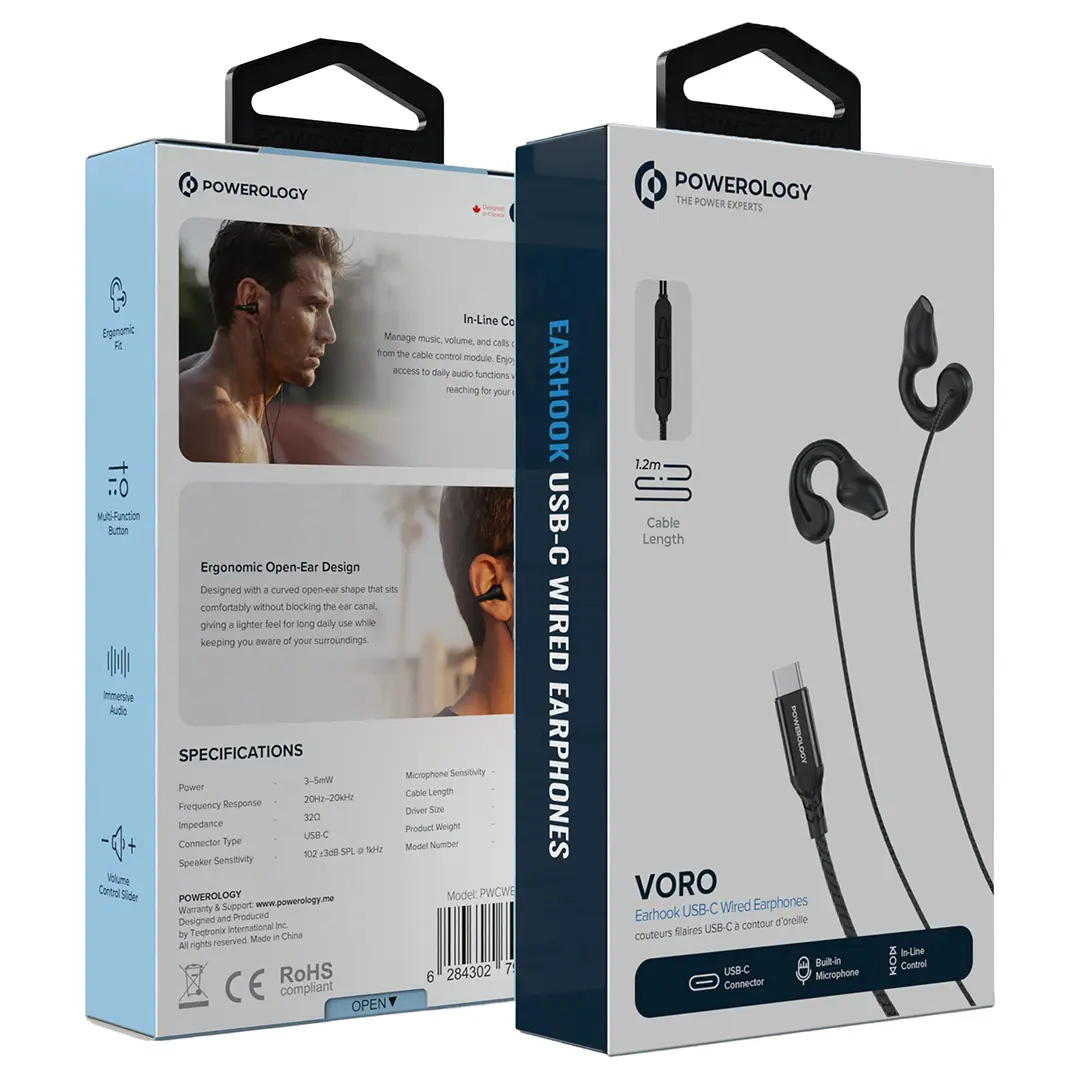 Powerology Clip-On USB-C Wired Earphones - Black
