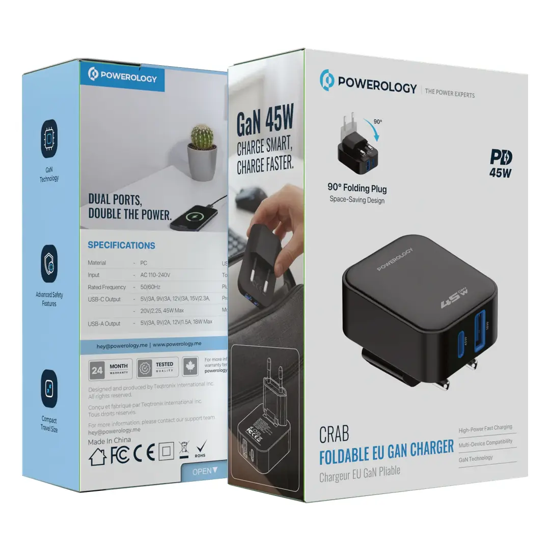 Powerology CRAB 45W GaN Foldable EU Charger - Black
