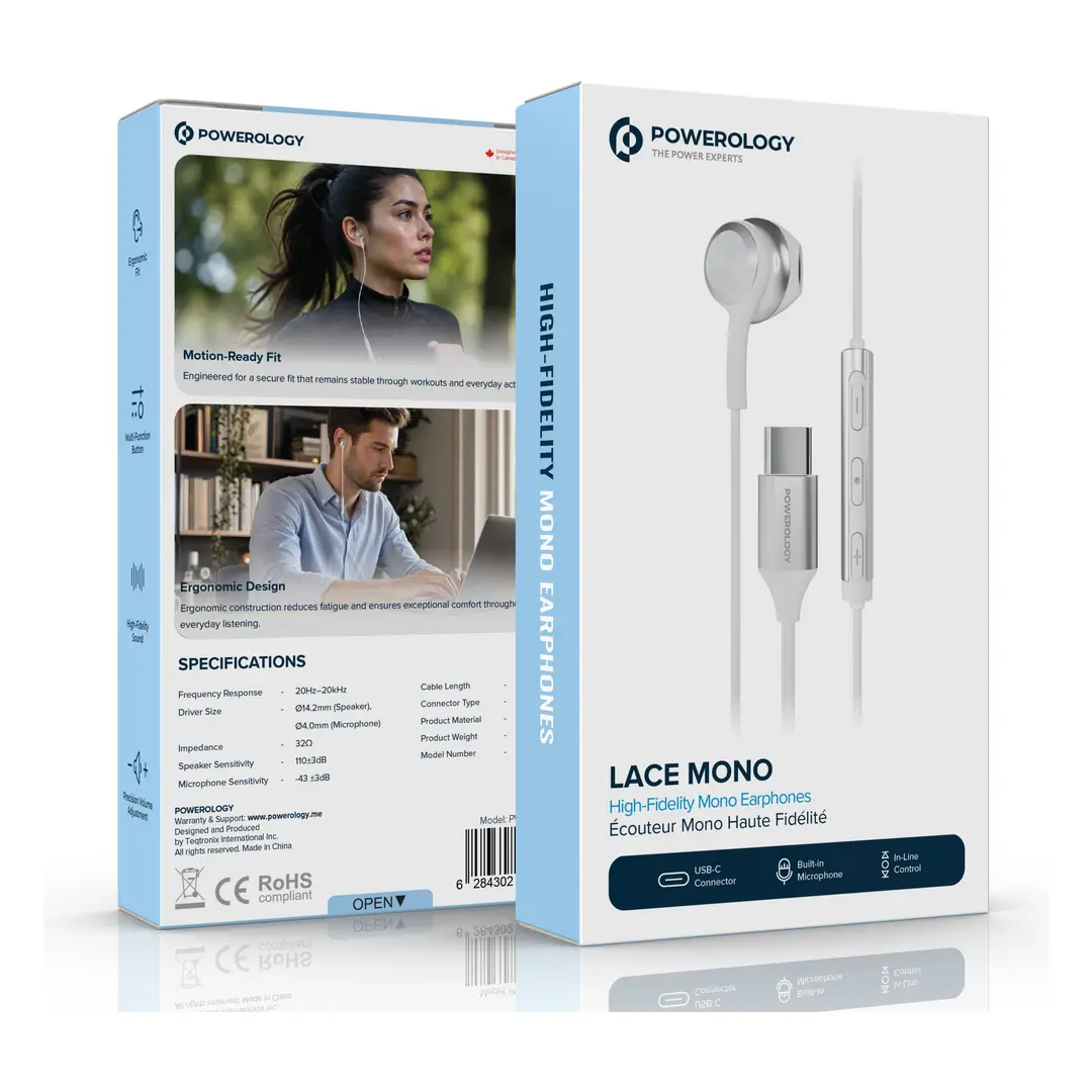 Powerology Type-C Mono Earphones with In-Line Mic - White