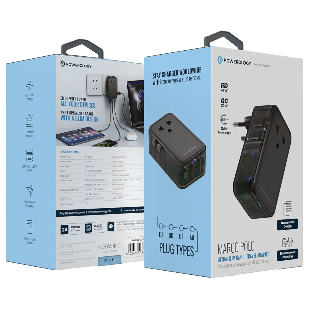 Powerology Marco Polo Ultra-Slim GaN III Travel Adapter PD45W – Black