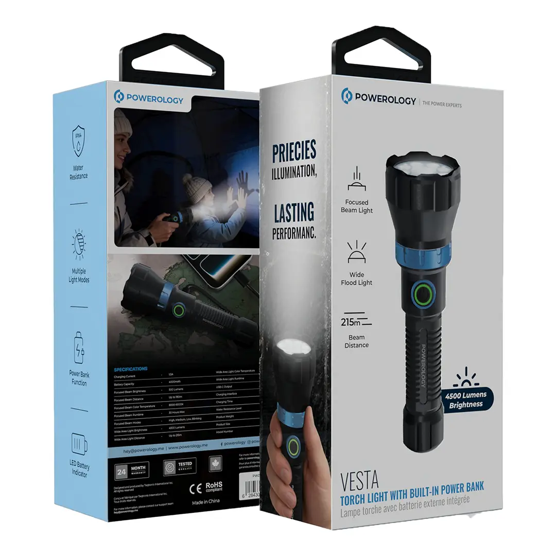 Powerology VESTA Torch Light with Built-In Power Bank 4500 Lumens – Grey