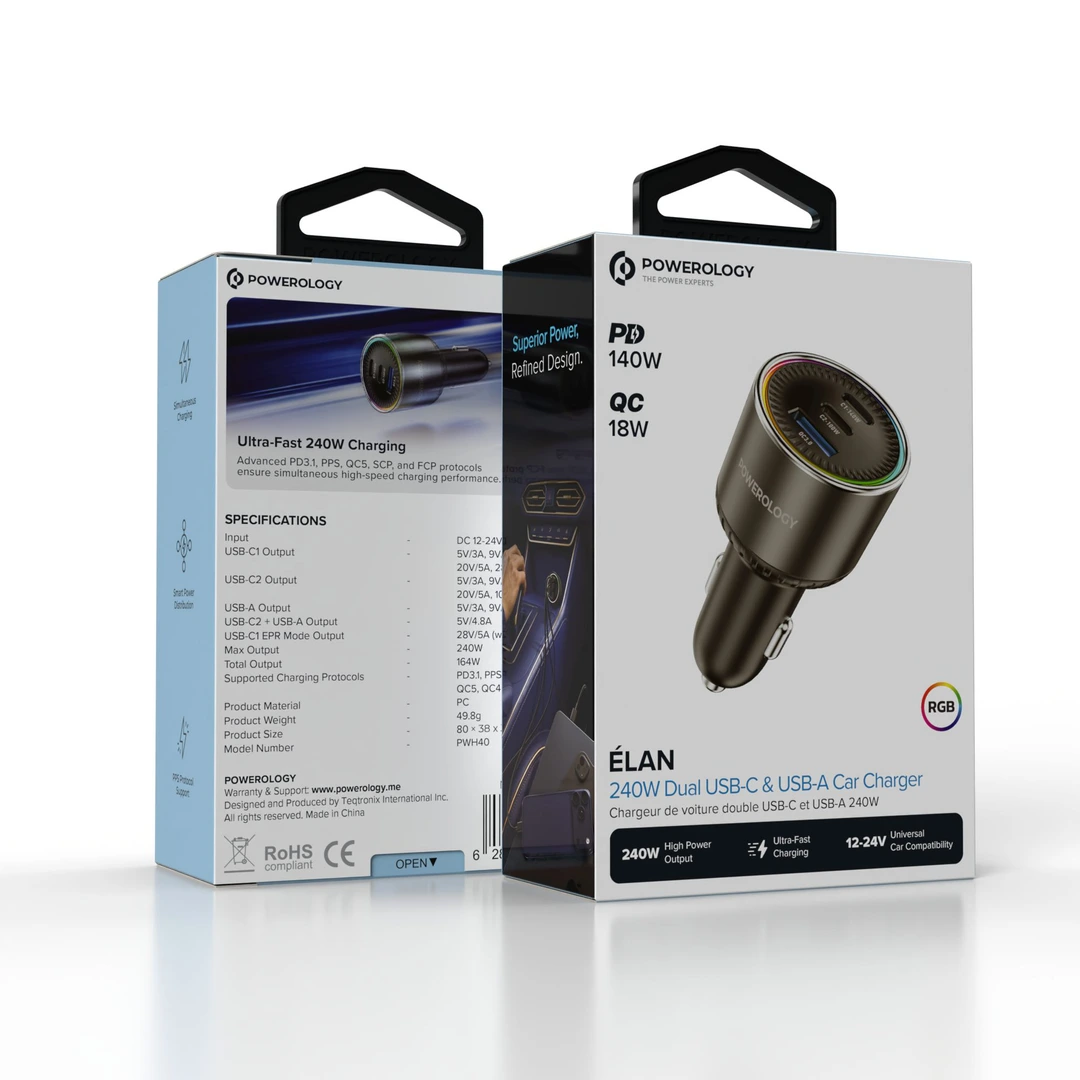 Powerology ÉLAN 240W Dual USB-C & USB-A Car Charger – Grey