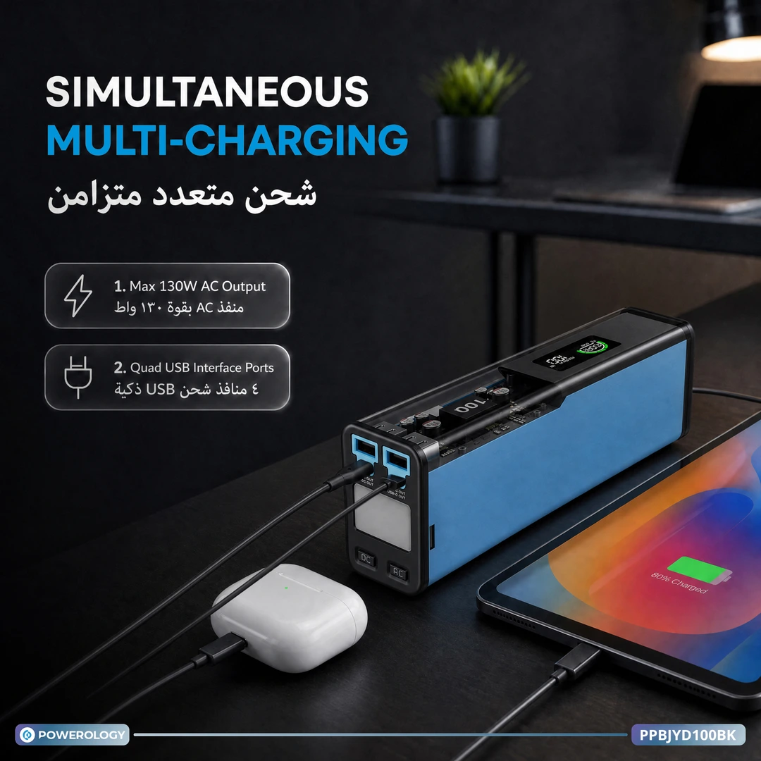 Powerology ÉNERGIE 27000mAh Power Bank 130W, AC/USB-C/USB-A