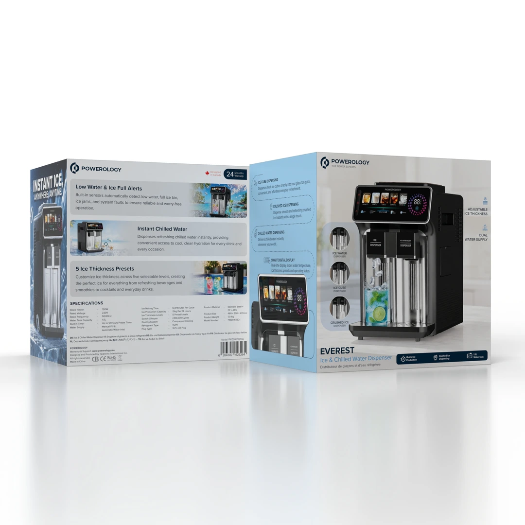 Powerology Everest 3-in-1 Ice & Water Dispenser – Ice Cubes, Crushed Ice & Chilled Water - Gun Grey