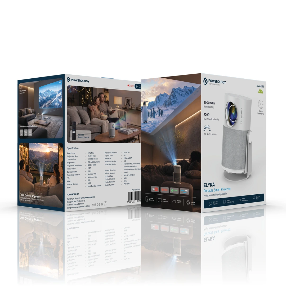 Powerology Elyra Portable Smart Projector with Battery and Touch Panel – White