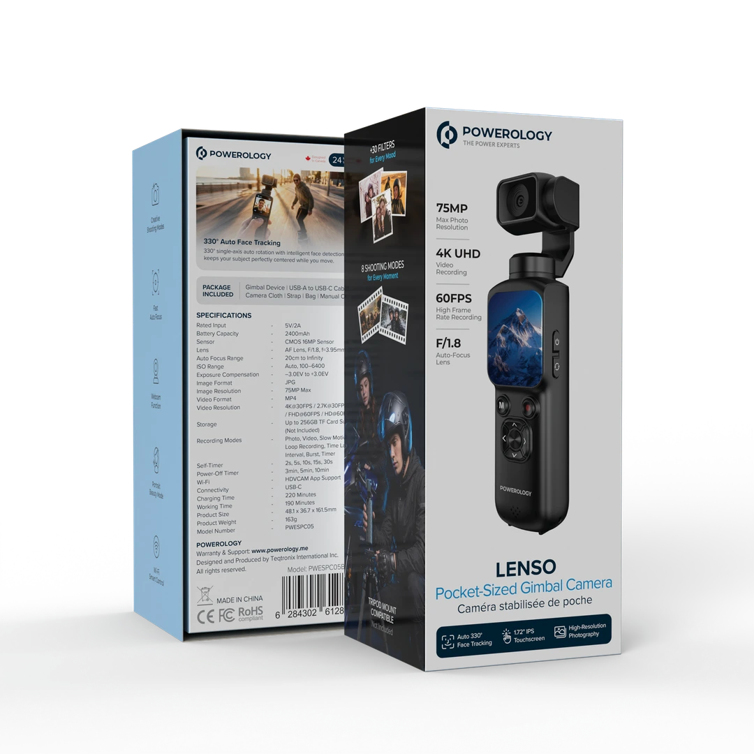 Powerology LENSO Pocket Gimbal Camera 4K Touchscreen Black