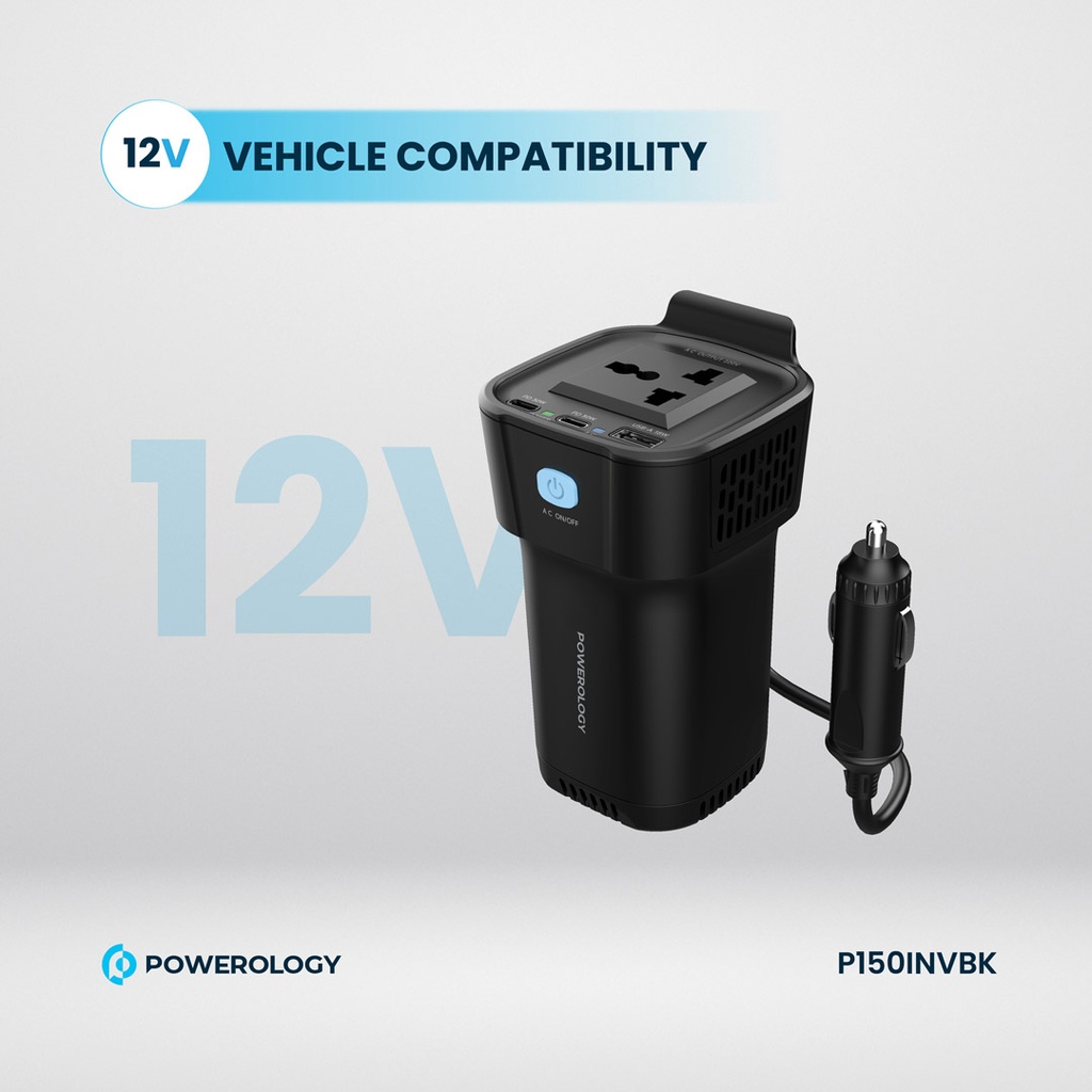 Powerology 150W Inverter AC Universal USB A 2type-C DC Car 12V10A - Black