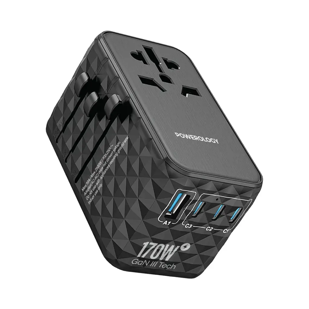 Powerology GaN 170W Universal Charger with 4-Ports Fast Charging + Ac - Black
