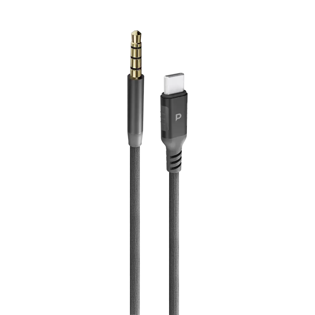 Powerology Power Sync Weave USB-C To 3.5mm Audio 1.2m Cable - Gray